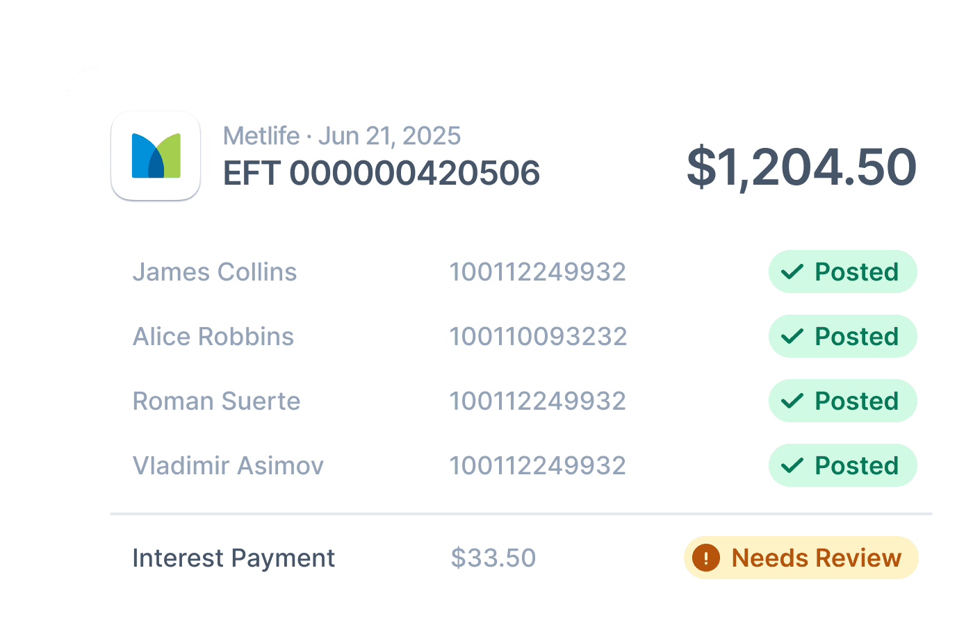 Payment reconciliation interface showing Metlife EFT with patient details