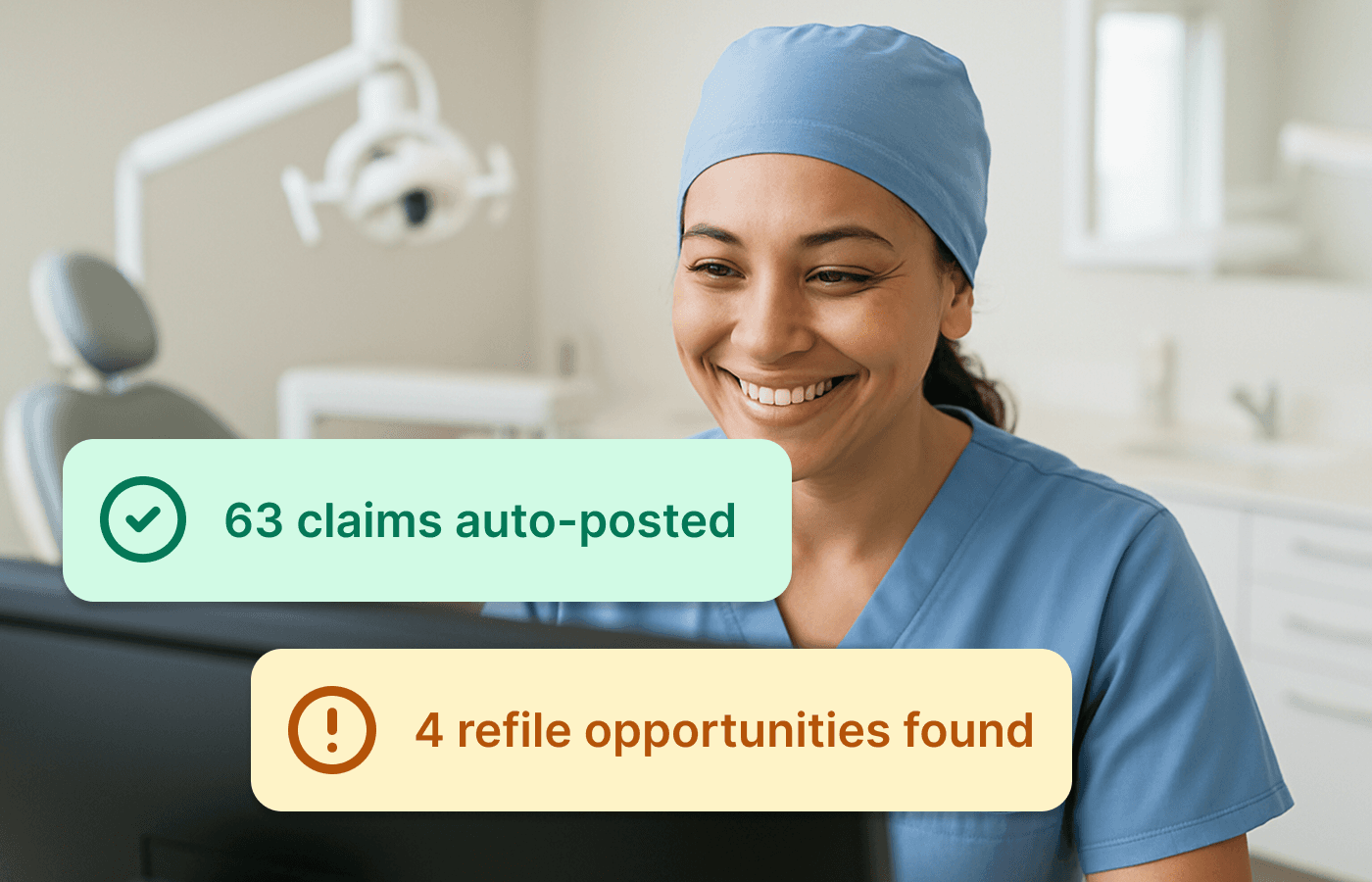 Dental office automation dashboard showing auto-posted claims and refile opportunities